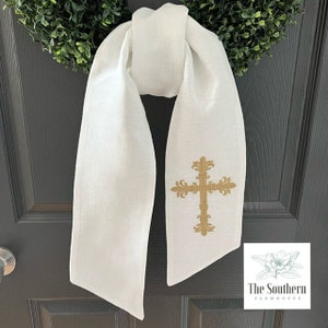 100% Linen Monogrammed Wreath Sash, Basket Sash - Elegant Cross - Hand Tailored Linen Decor - Wedding - Baptism - First Communion - Holiday