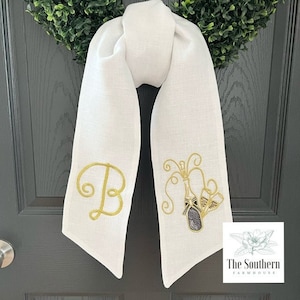 100% Linen Monogrammed Wreath Sash, Basket Sash - Congratulations/Happy New Year - Champagne Bottle and Glasses - Hand Tailored Decoration