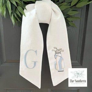 100% Linen Monogrammed Wreath Sash, Basket Sash - Preppy Golf Bag - Hand Tailored Linen Decor