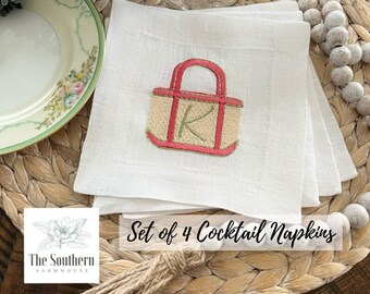 100% Linen Embroidered Cocktail Napkins - Tote Bag Monogram - Hand Tailored Napkins - Teacher Gift - Heirloom Linens