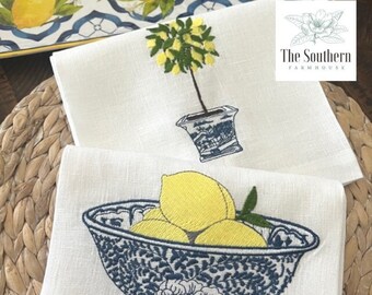 100% Linen Embroidered Tea Towels - Large, 20" x 30" Linen Kitchen Towels - Chinoiserie Blue Willow Lemon Tree & Lemon Bowl - Set of 2