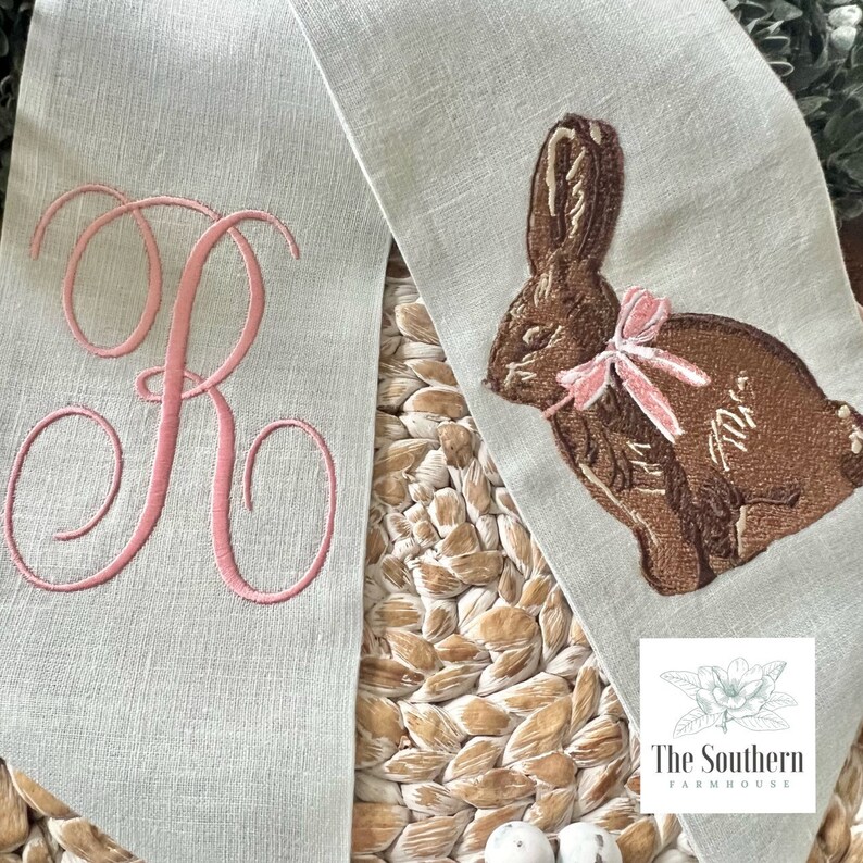 100 Linen Monogrammed Wreath Sash, Basket Sash Chocolate Bunny
