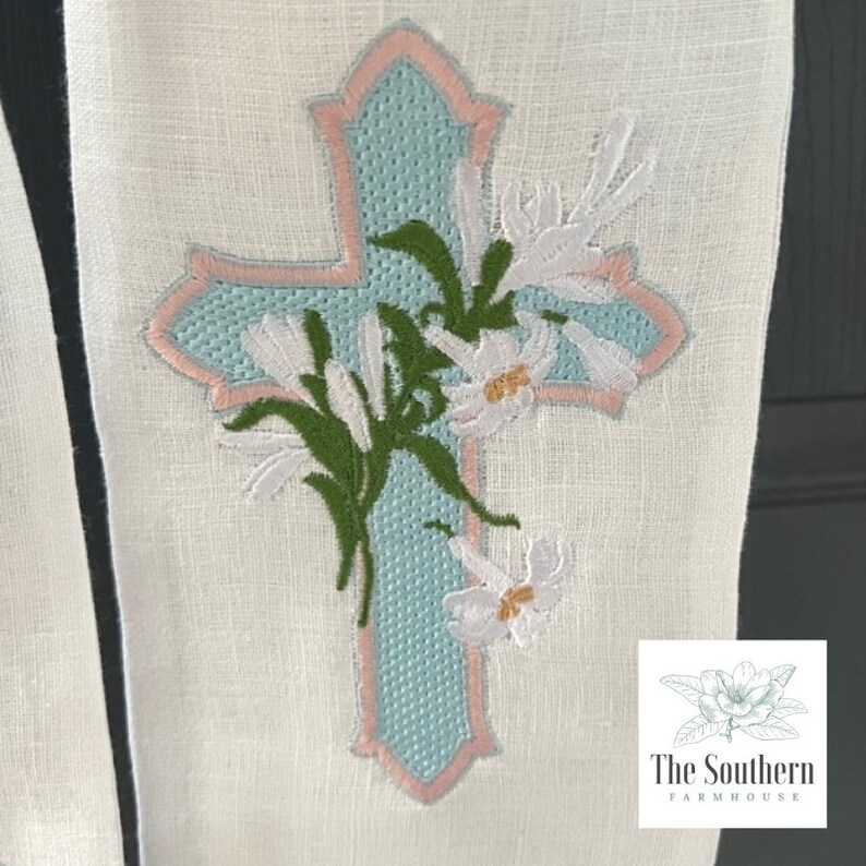 100 Linen Monogrammed Wreath Sash, Basket Sash Easter Lily Cross Hand
