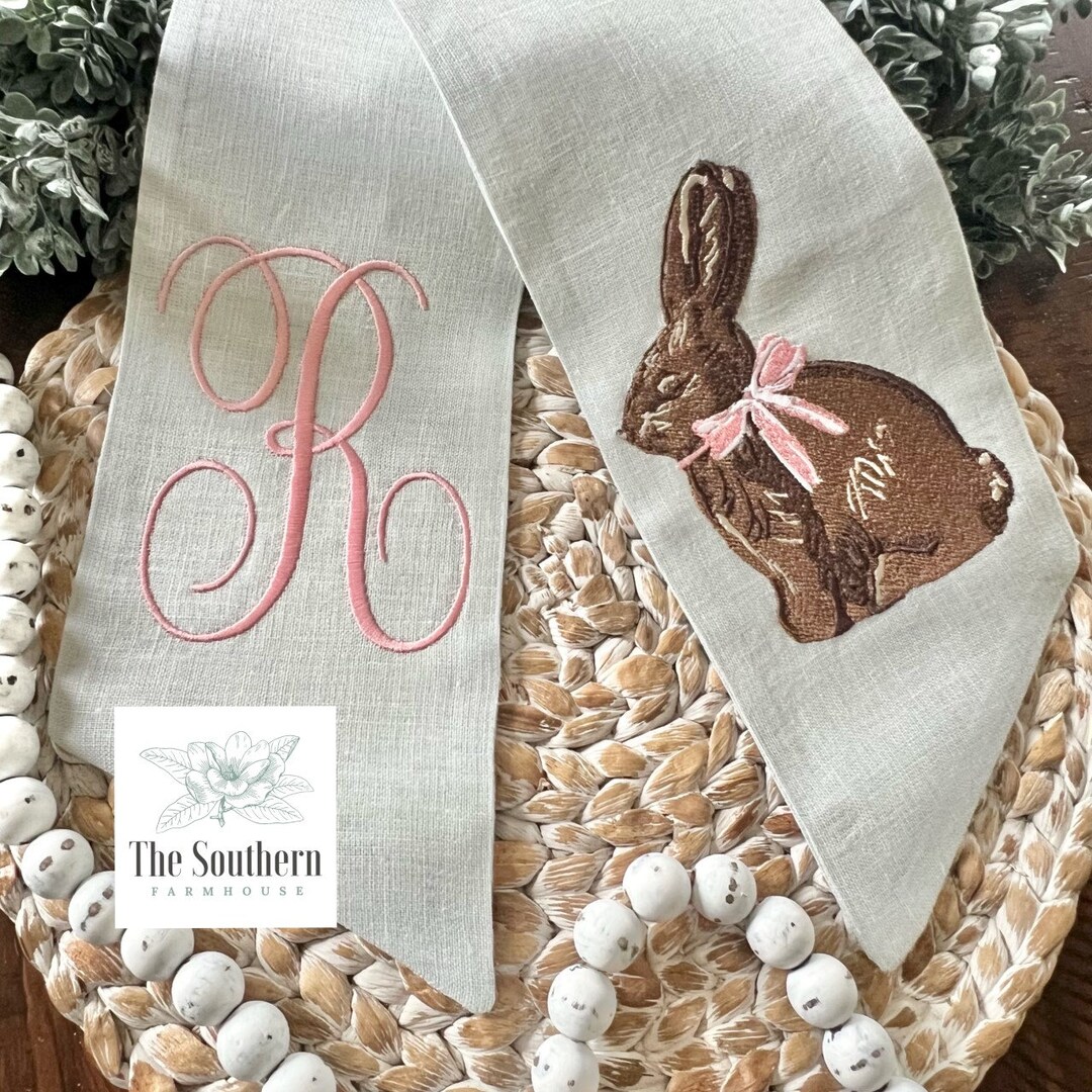 100 Linen Monogrammed Wreath Sash, Basket Sash Chocolate Bunny