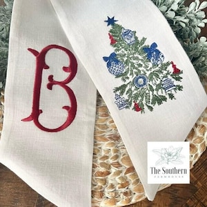 100% Linen Monogrammed Wreath Sash, Basket Sash - Chinoiserie Ornaments Christmas Tree - Christmas Wreath Sash - Holiday Wreath Sash