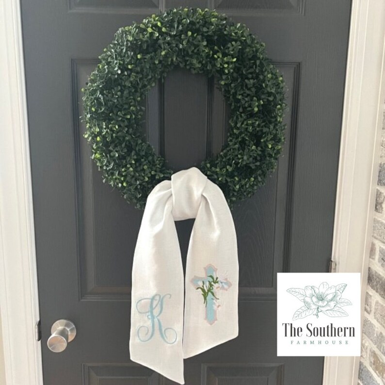 100 Linen Monogrammed Wreath Sash, Basket Sash Easter Lily Cross Hand