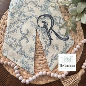 100% Belgian Linen Monogrammed Wreath Sash - French Blue Chinoiserie Vine - Wedding, Bridal Shower, year-round Decor - Handmade Linen Sash