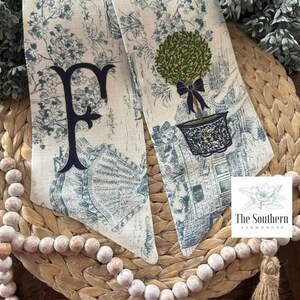 100% Linen Monogrammed Wreath Sash, Basket Sash - Limited Edition Toile Chinoiserie Topiary - Spring Sash - Bridal Shower - Wedding Decor