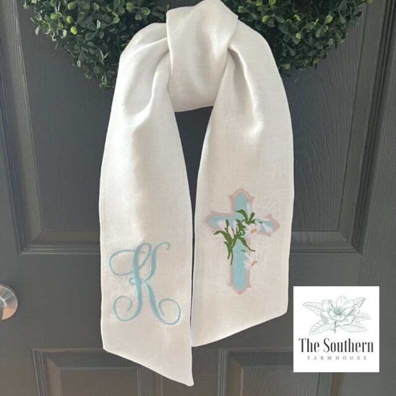 100 Linen Monogrammed Wreath Sash, Basket Sash Easter Lily Cross Hand