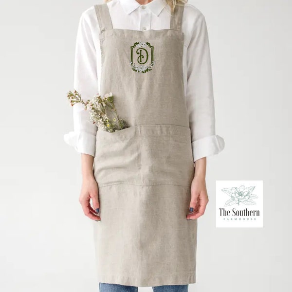 100% Linen Monogrammed Cross Back Apron - Virginia Crest Monogram - Hand Tailored Apron - Choose Ivory or Oatmeal Linen