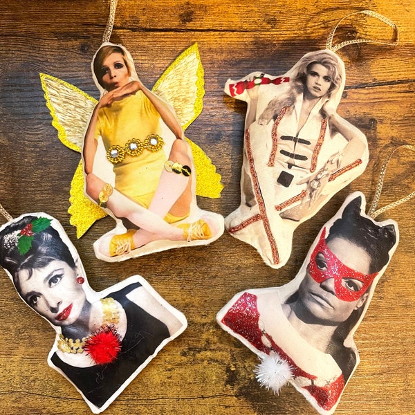Handmade retro Christmas Tree Decorations - kitsch 1960's icons: Angel Twiggy, Eartha Kitt-mas, Audrey Hepburn, Barbarella