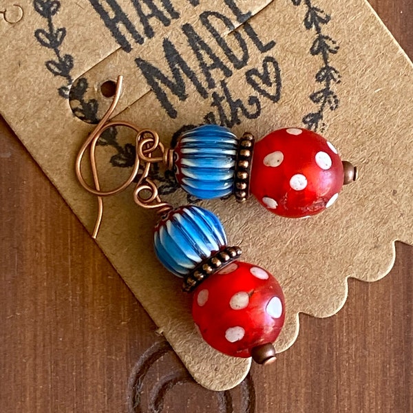 Vintage Trade Bead Earrings, Red Eye bead Earrings, Copper Boho Jewelry, Venetian Bead Earrings, Eclectic Jewelry, Chevron Bead Earrings