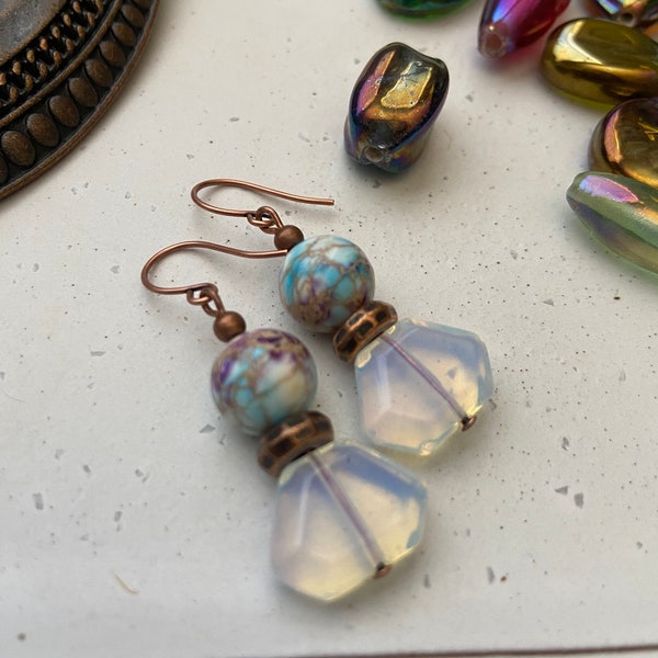 Sea Sediment Jasper Bead Earrings, Bohemian Copper Earrings, Natural Stone Earrings, Gemstone Earrings, Hippie Style Earrings, Perfect Gift