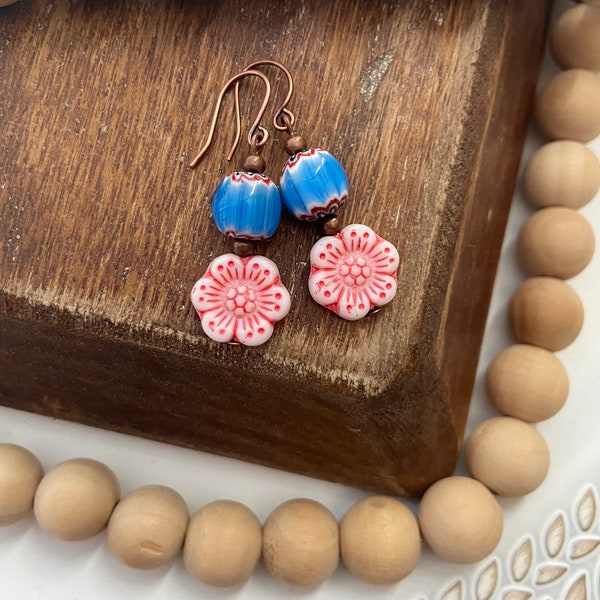 Floral Tween Style Earrings, Dainty Flower Jewelry, Wanderlust Jewelry, Czech Glass Earrings, Boho Style Earrings, chevron bead Earrings