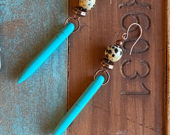 Bold boho statement earrings, Dalmatian jasper earrings, Positive energy earrings, Howlite spike dangle earrings, Natural Stone Earrings
