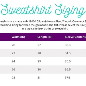 May include: A sweatshirt sizing chart with measurements in inches for sizes S to 2XL. The chart details width, length, and sleeve center back. Text at the top reads "Sweatshirt Sizing".