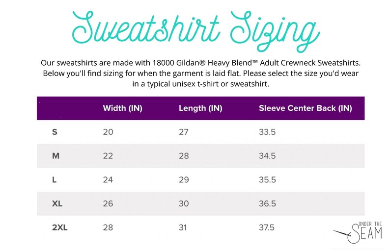 May include: A sweatshirt sizing chart with measurements in inches for sizes S to 2XL. The chart details width, length, and sleeve center back. Text at the top reads "Sweatshirt Sizing".