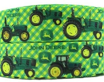 Grosgrain Ribbon Green Tractors Green Wagon with Cow Pig Horse Blue Plaid 7//8/"