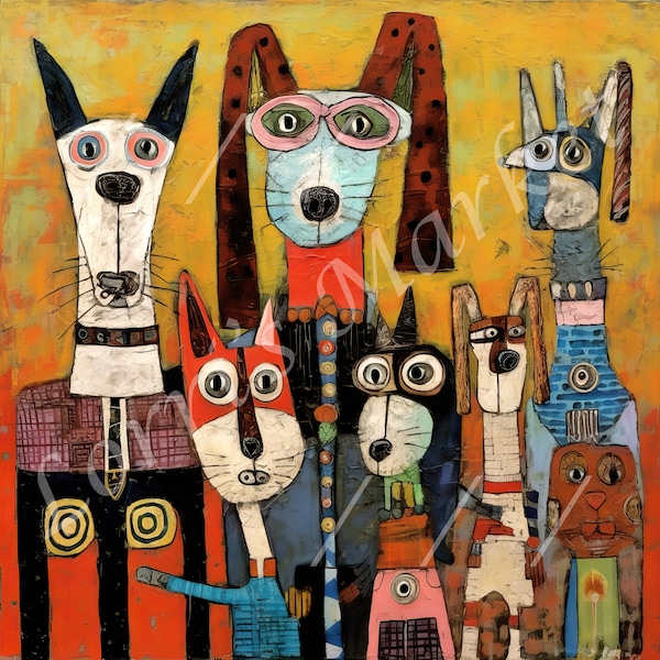 Dogs in Whimsical Poses Brut Style Art Digital Download