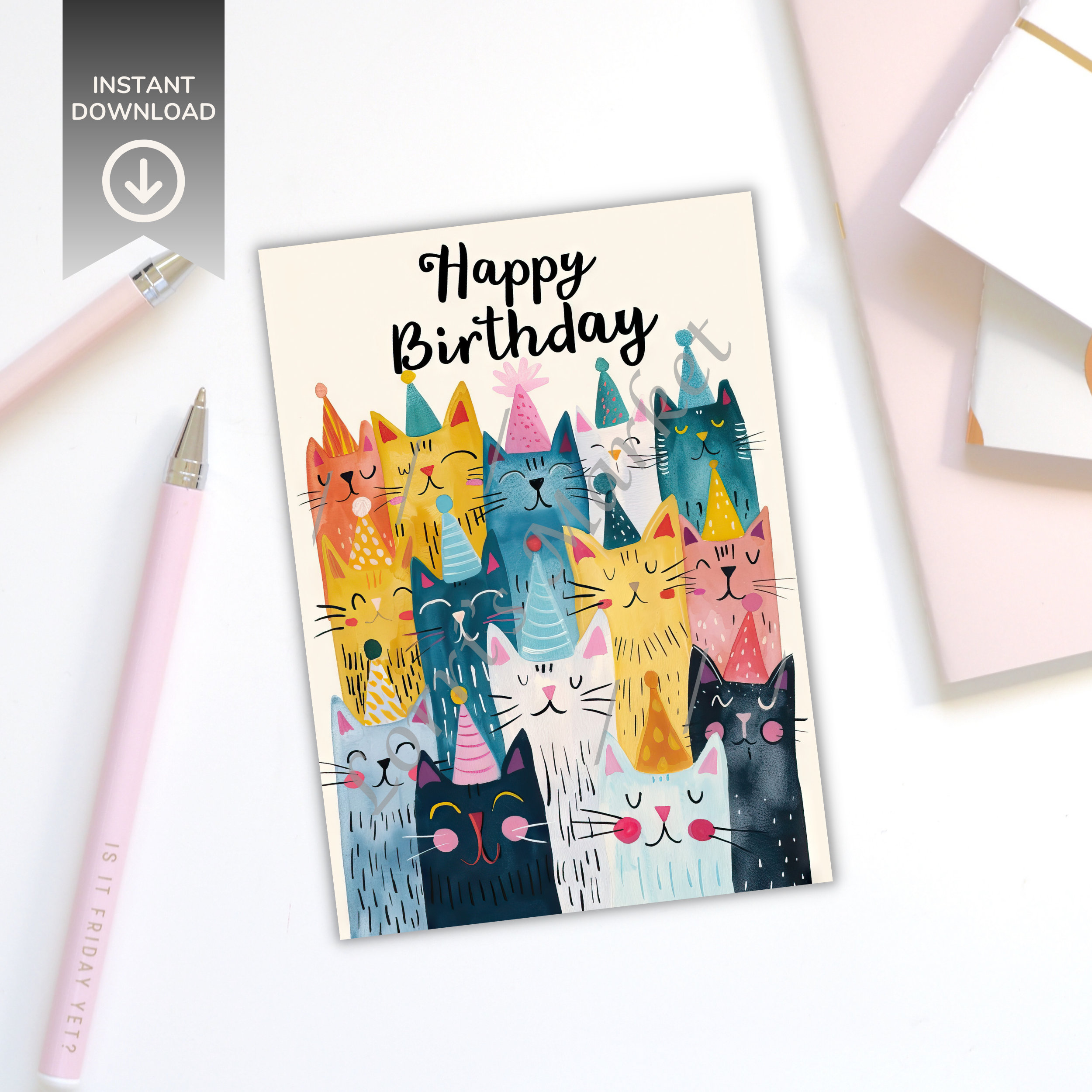 Printable Cats Birthday Card Digital Download: Festive Greeting Card