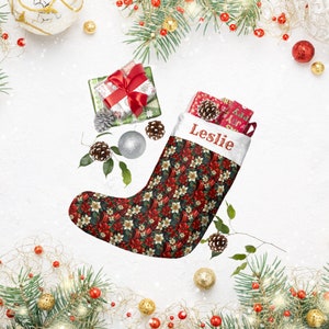 Personalized Customizable Christmas Stockings, Poinsettias, Gift Boxes, Festive Holiday Decor, Polyester Fleece, Fireplace Hangings, Gift
