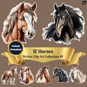 Collection de cliparts cheval autocollant en téléchargement numérique : art équin haute résolution, arrière-plans transparents pour décalcomanies, travaux manuels, races polyvalentes