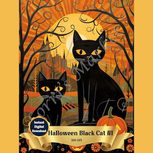 Halloween Black Cat Art Print with Two Cats Digital Download: Pumpkins, Spooky and Fun Halloween Wall Decor, Creepy Trees