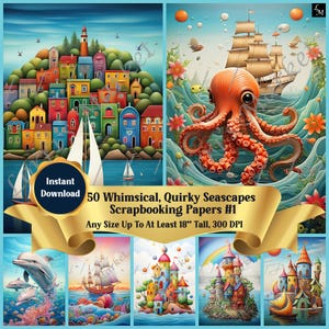 Whimsical Seascape Scrapbook Pages Set Digital Download: Scrapbooks, Junk Journals, DIY Craft Projects, Card Making, Ocean-Inspired Wall Art