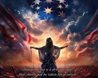 Precious Gift Art: Woman Waves Flag in Independence Day Tribute Illustration