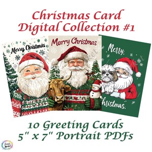Santa Christmas Greeting Card Collection Digital Download: Set of 10 Unique Holiday Cards (5” x 7” Portrait PDFs), Family and Friends Gifts
