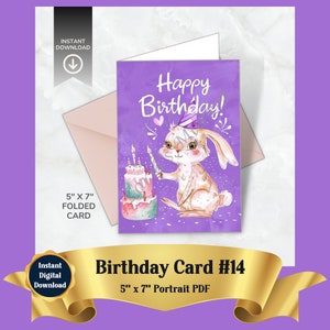 Druckbare Hasen-Geburtstagskarte, digitaler Download: Festliche Grußkarte, PDF, zu Hause ausdrucken, Geschenkidee für Freunde, Familie, Kinder