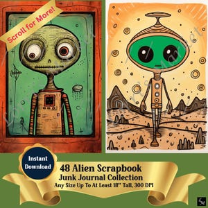 48 Alien-Themed Printable Scrapbook Pages Collection Digital Download: Junk Journals, DIY Craft Projects, Card Making, Space, Planet Crafts