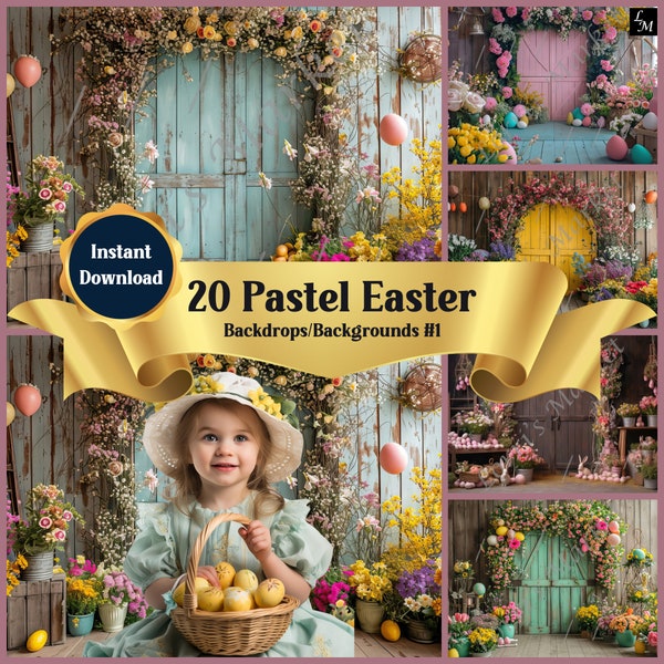 Spring Easter Digital Backdrop Bundle with Pastel Flowers, Eggs & Bunnies, Photographer Backgrounds, Photo Session Props, Photo Gifts