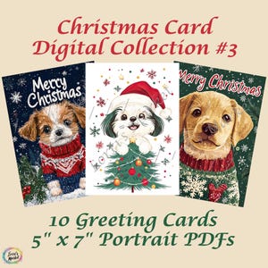 Puppy Christmas Greeting Card Collection Digital Download: Set of 10 Adorable Holiday Cards (5” x 7” Portrait PDFs), Family & Friends Gifts