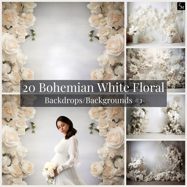 Bohemian White Floral Backdrops Digital Download: 20 Artsy Backgrounds for Portrait & Product, Elegant Photography, Whimsical and Artistic