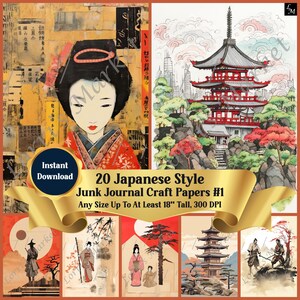Vintage Japanese-Themed Junk Journal Pages Digital Download: Printable Pages for Scrapbooks, DIY Journals, Card Making, Paper Craft Projects