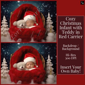 Newborn Santa Hat Teddy Bear Customizable Personalized Horizontal Backdrop Digital Download: Infant Red Carrier, Parent Gift, Announcements