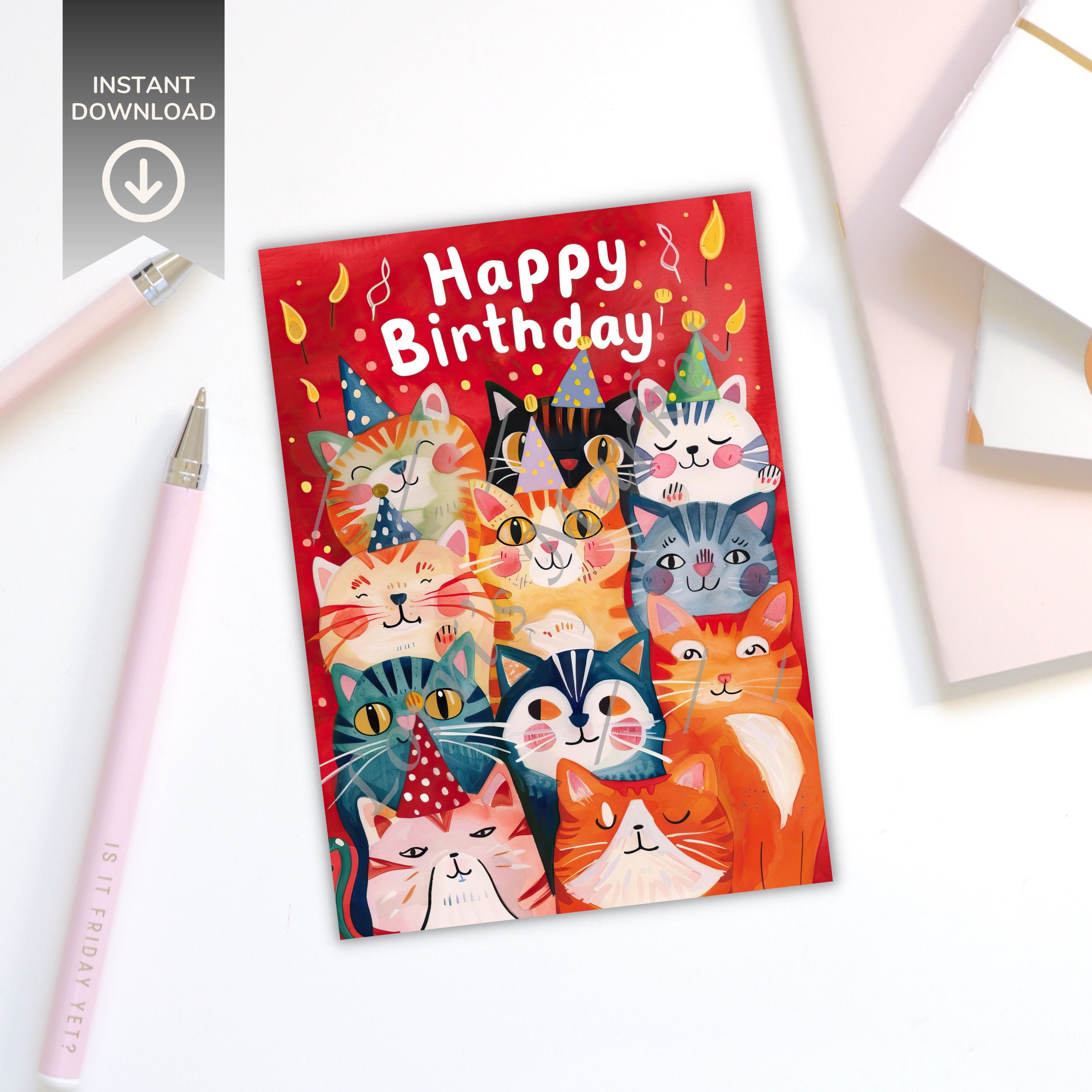 Printable Cats Birthday Card Digital Download: Festive Greeting Card ...