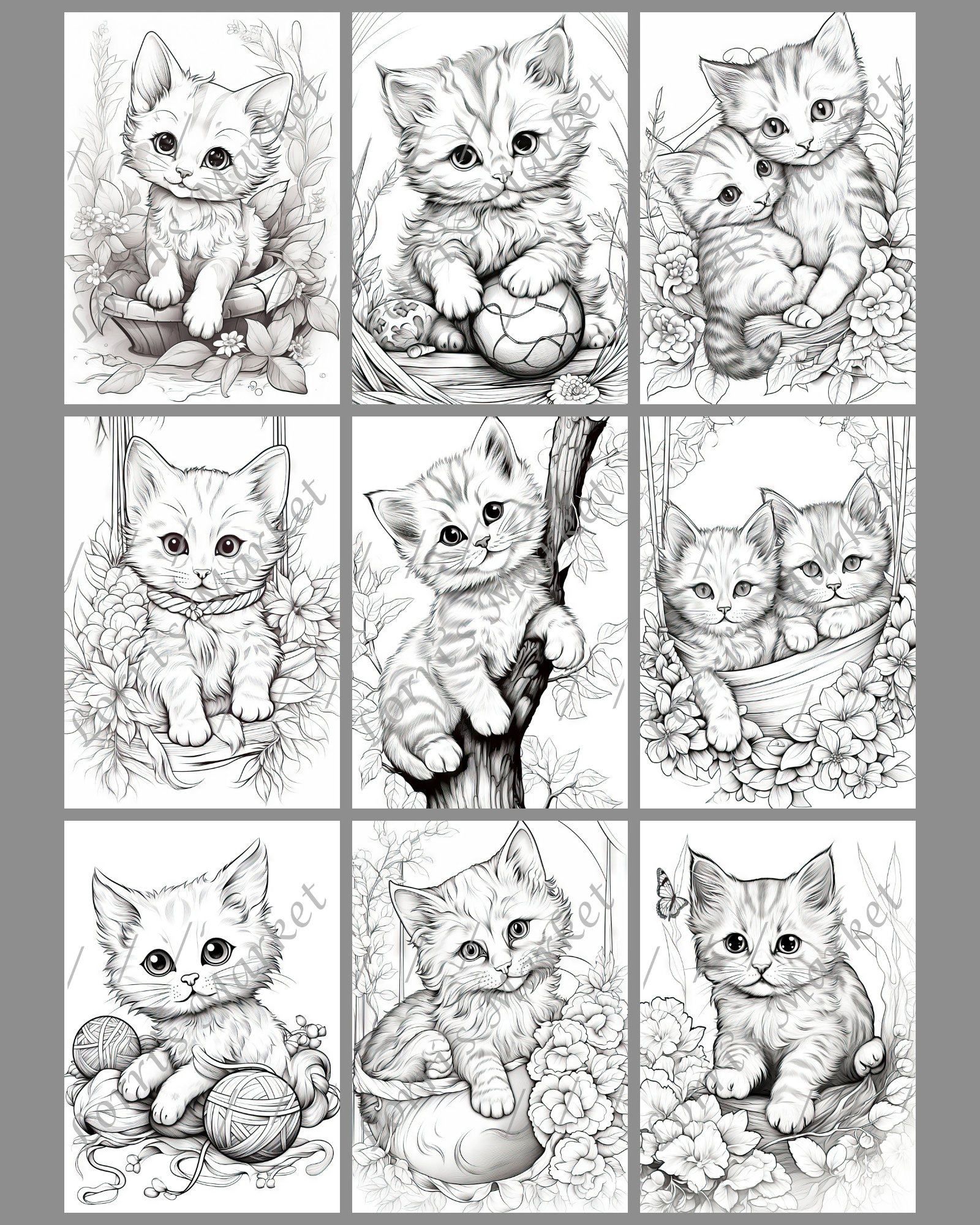Printable Kitty Cat Coloring Pages Digital Download: Cute Cat ...