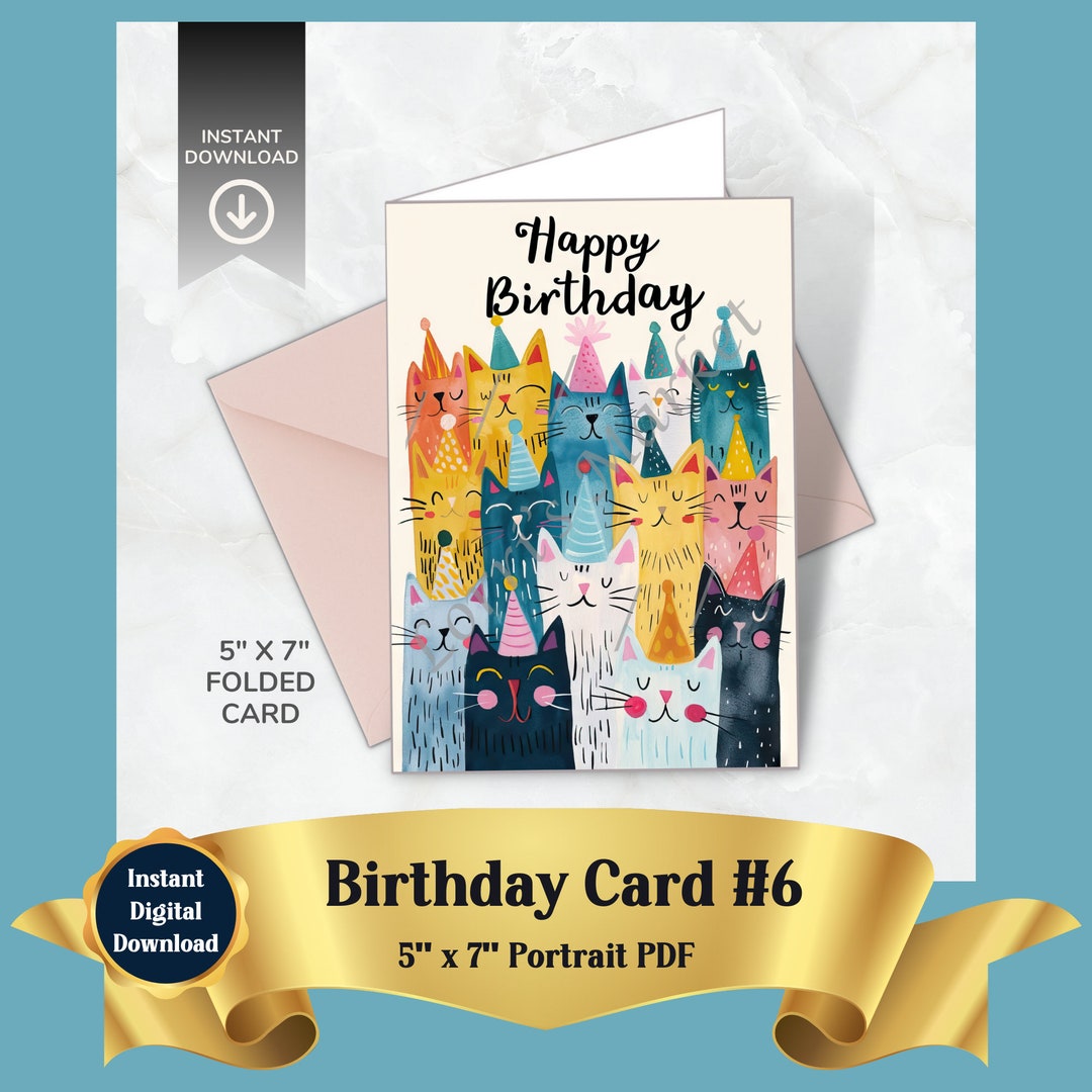 Printable Cats Birthday Card Digital Download: Festive Greeting Card ...