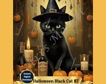 Halloween Black Cat Art Digital Download: Witch Hat Cat Print with Pumpkins and Candles, Spooky Wall Art for Halloween Decor