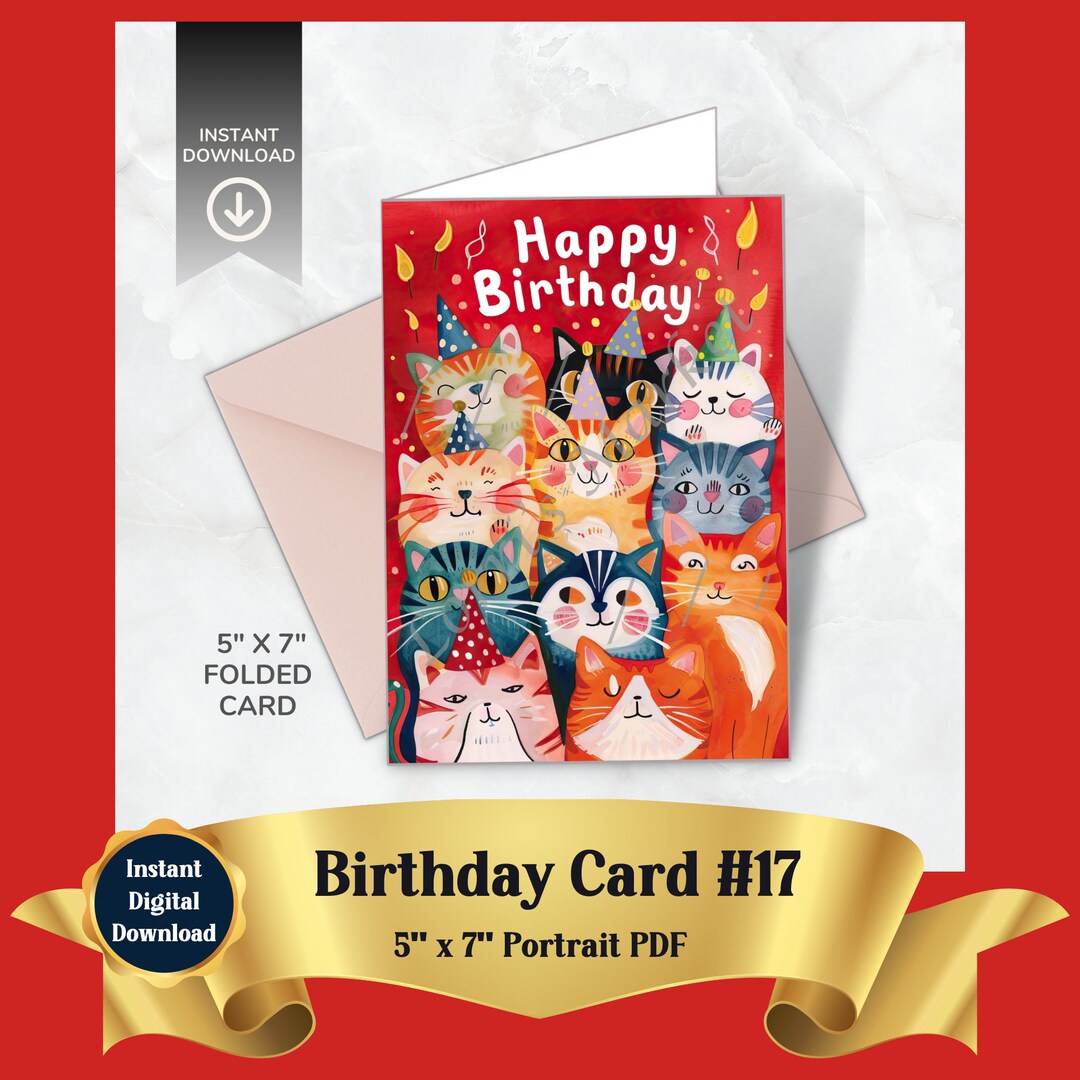 Printable Cats Birthday Card Digital Download: Festive Greeting Card ...