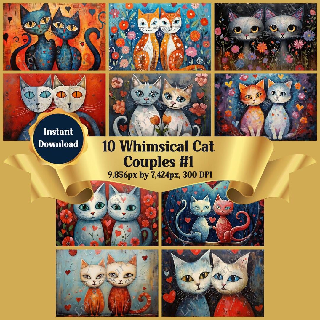 Whimsical Cat Couples Art Collection Digital Download: Charming Feline ...