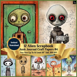 12 Alien-Themed Printable Scrapbook Pages Digital Download: Junk Journals, DIY Craft Projects, Card Making, and Space and Planet Crafts