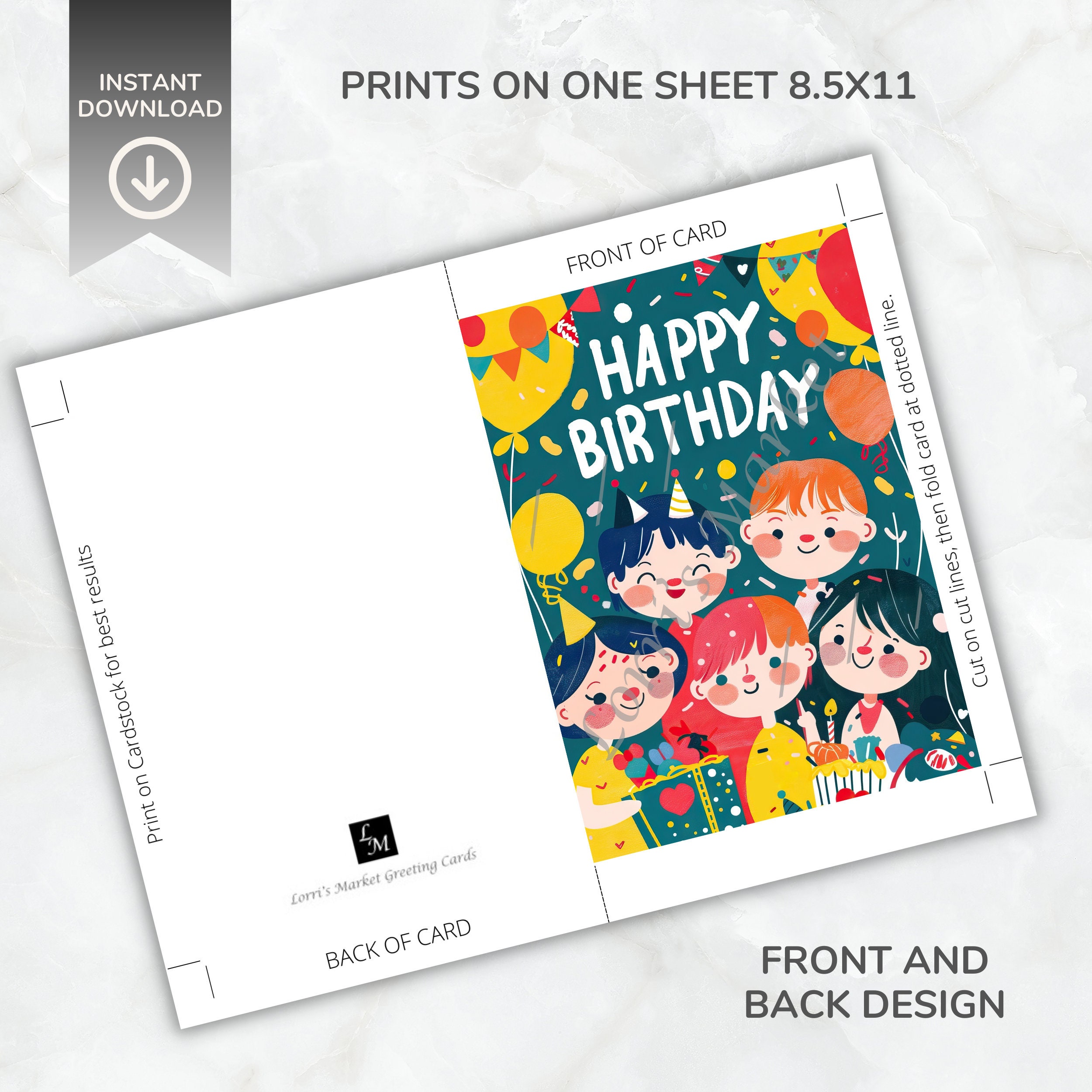 Printable Kids Birthday Card Digital Download: Festive Greeting Card ...