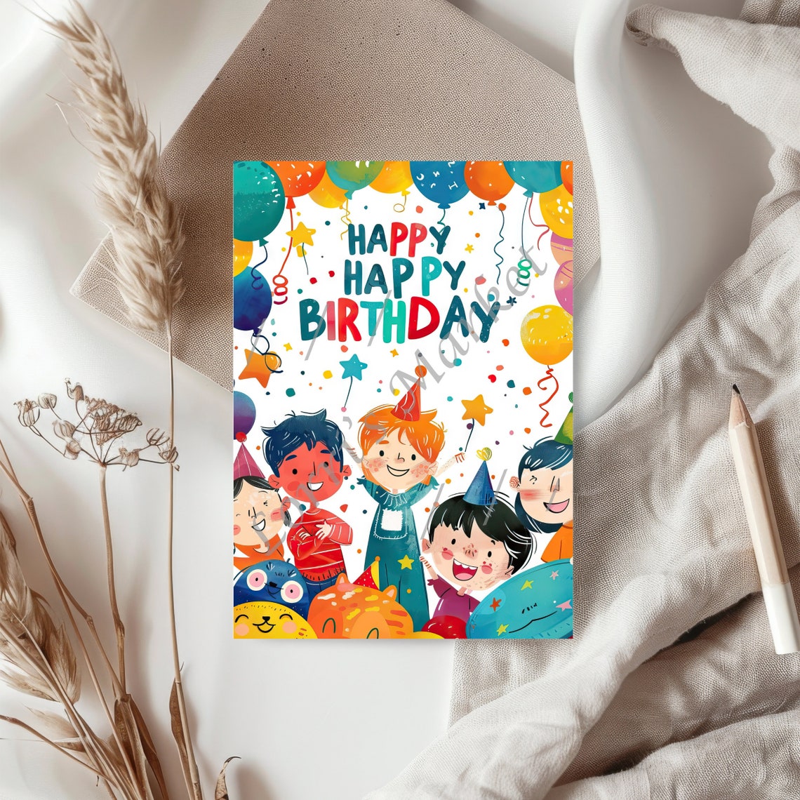 Printable Kids Birthday Card Digital Download: Festive Greeting Card ...