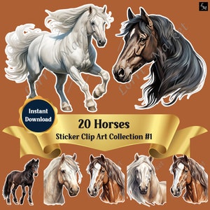 Collection de cliparts cheval autocollant en téléchargement numérique : art équin majestueux haute résolution, arrière-plans transparents pour décalcomanies, travaux manuels