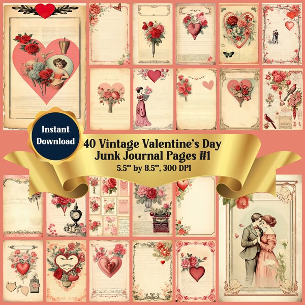 Vintage Valentine's Junk Journal Pages Digital Download: Love Story, 40 Nostalgic Printables, Heartfelt Crafts, Romantic Scrapbooking