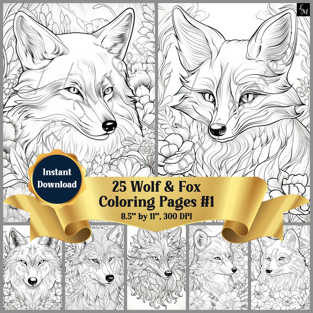 Wolves Coloring Pages Patterns Wolves & Foxes Coloring Pages Digital Download: 25 Detailed Patterns ...