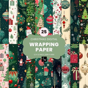 Christmas Santa Ornaments Trees Wrapping Paper Digital Download: 25 Festive Holiday Patterns for Gifts, Crafts, DIY Projects